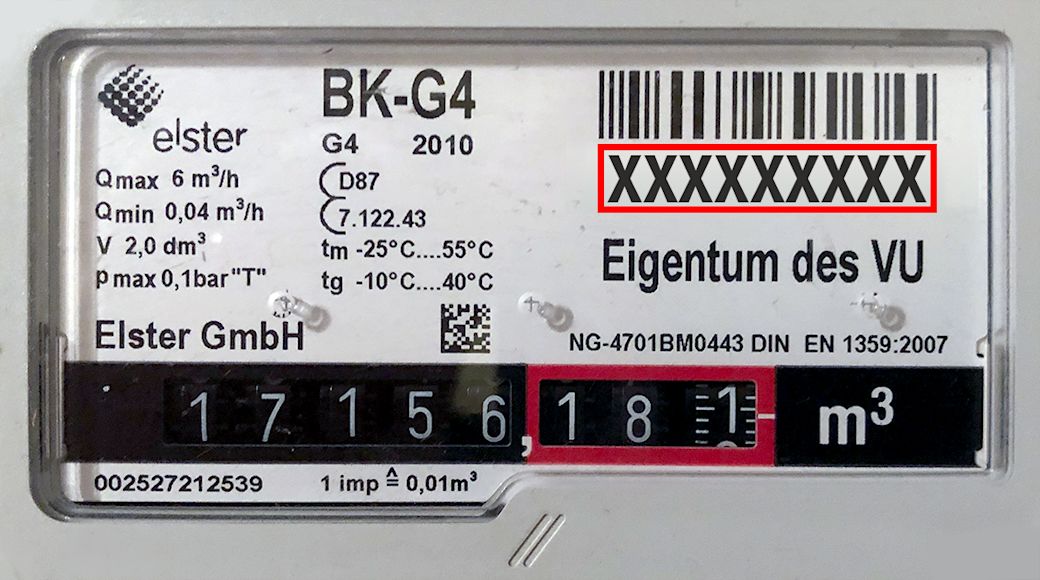 Gaszähler Beispielbild mit der Zählernummer