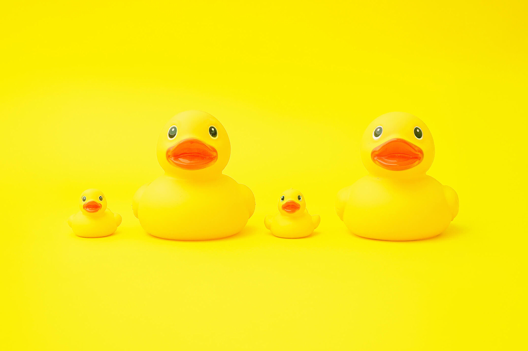 Vier gelbe Gummi-Enten in groß und klein sitzen nebeneinander - KI generiert