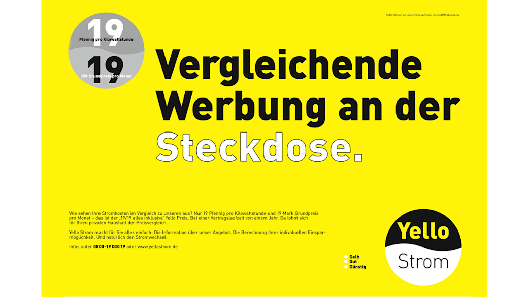 Yello 19/19 Werbeanzeige mit der Headline "Vergleichende Werbung an der Steckdose."