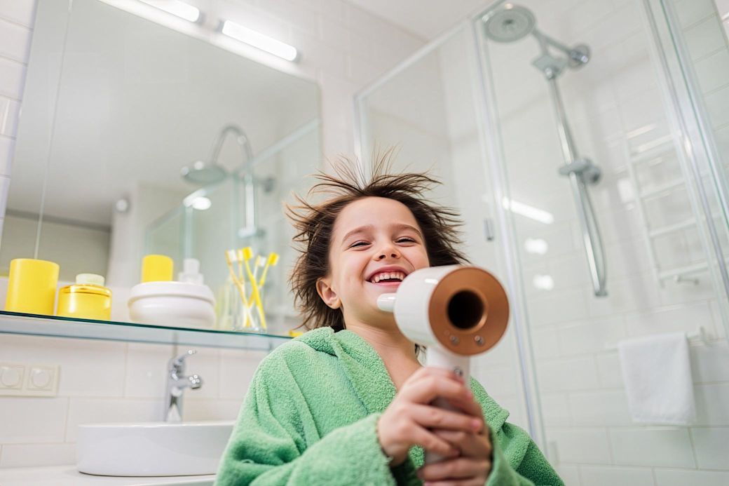 Junge in grünem Bademantel föhnt sich die Haare im Badezimmer