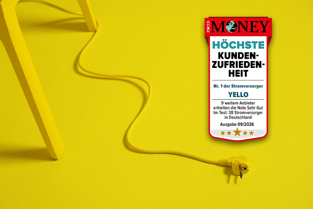 Focus Money-Testsiegel (Ausgabe 9/2026) für Yello für "Höchste Kundenzufriedenheit" in der Stromversorgung, abgebildet auf gelben Hintergrund mit gelben Stromstecker.