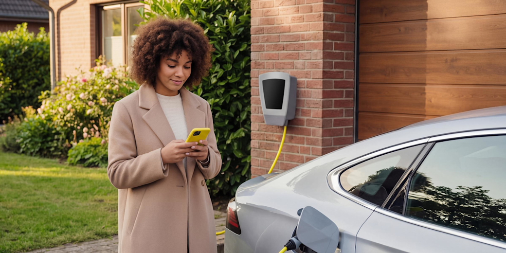 Frau mit gelbem Handy in der Hand lädt ihr E-Auto über eine Wallbox Zuhause an der Garage