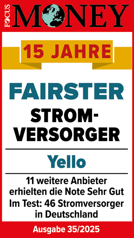 Jubiläums Testsiegel Focus Money für Yello als 15 Jahre fairster Stromversorger 2025