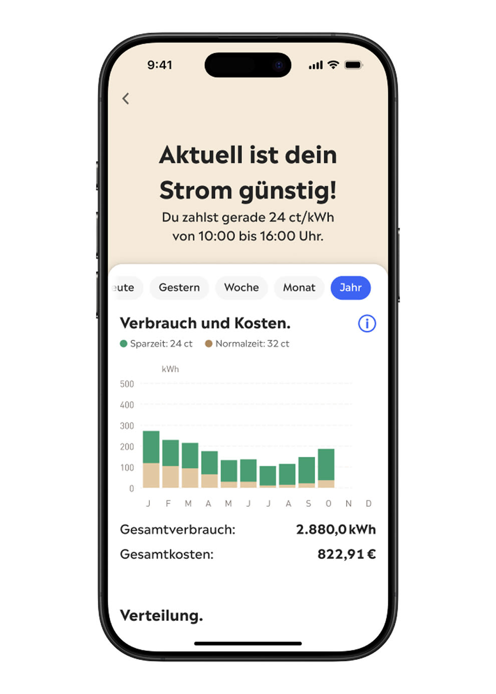 Handy Bildschirm zeigt die Yello App mit dynamischem Stromtarif und dessen Kosten