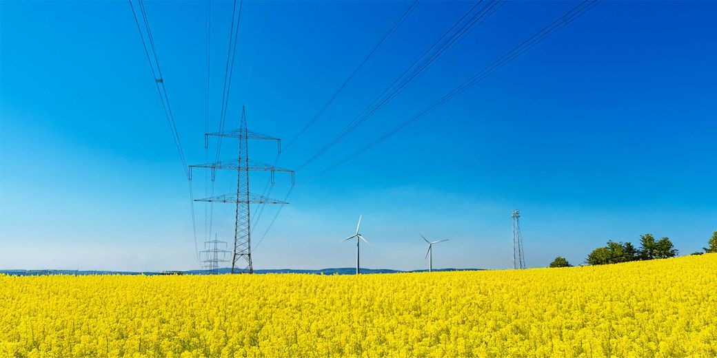 Strommast mit Hochspannungsleitungen in einem Rapsfeld mit Windenergieanlagen im Hintergrund