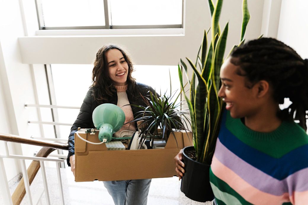 Zwei Frauen beim Umzug mit Umzugskiste und Pflanze