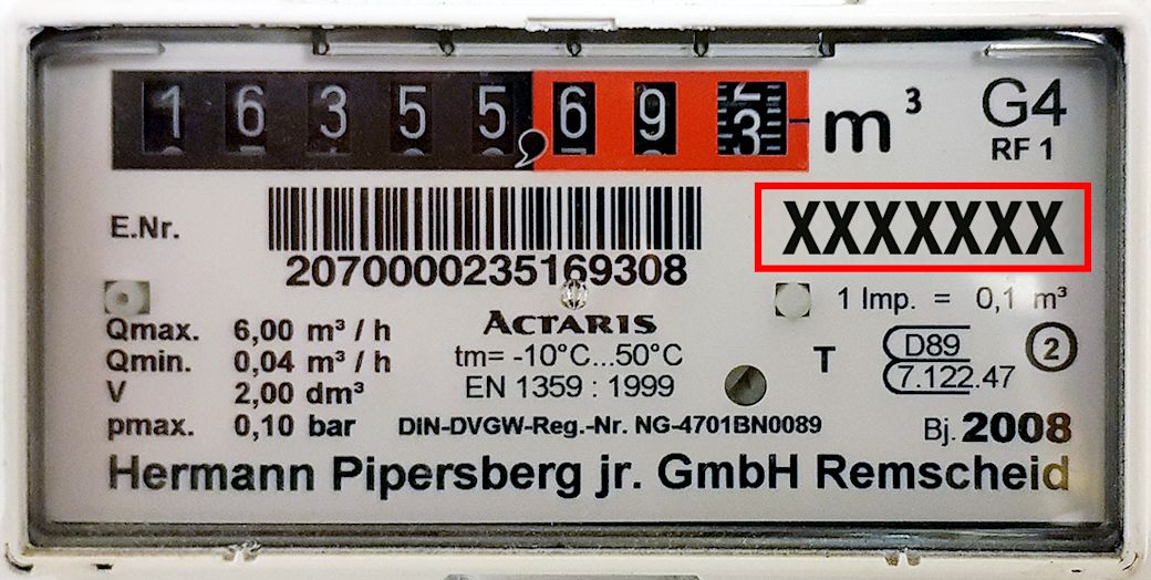 Gaszähler Beispielbild mit der Zählernummer