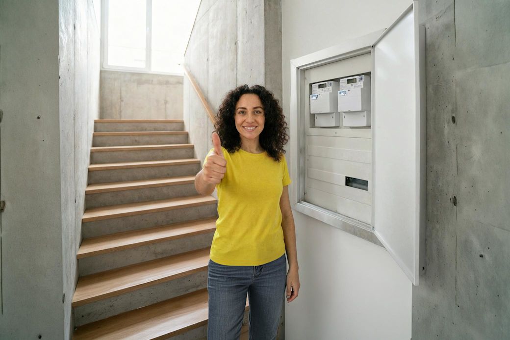 Eine lächelnde Frau in gelbem Shirt steht neben ihrem Zählerkasten mit Smart Meter und zeigt den Daumen hoch