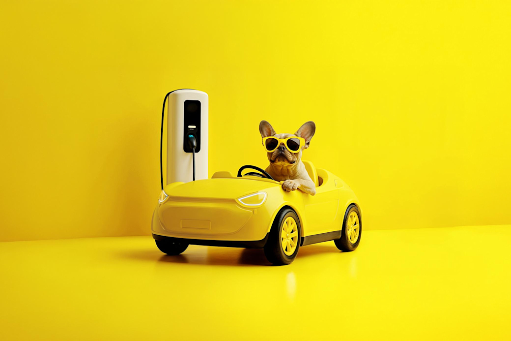 KI-generiertes Foto von einem French Bully Hund im Elektroauto vor gelbem Hintergrund