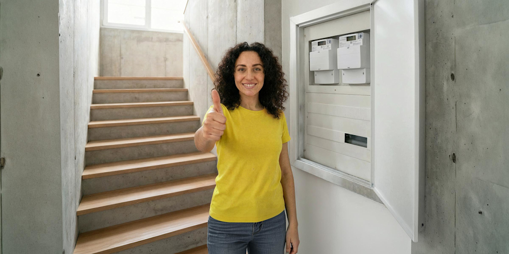 Eine Frau in gelbem Shirt steht neben Zählerkasten mit digitalem Stromzähler und zeigt lächelnd ihren Daumen hoch.