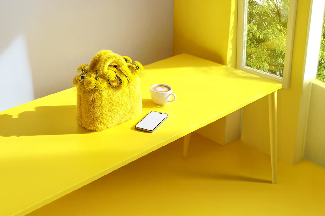 Eine gelbe plüschige Tasche mit Blumen steht auf Tisch mit Tasse und Handy - KI generiert