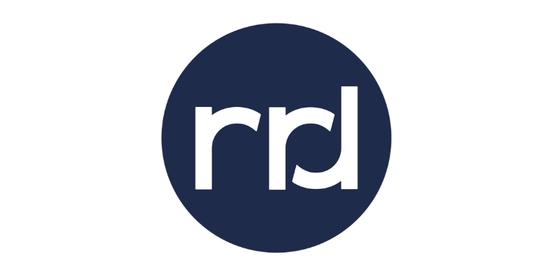 White lowercase letters 'rrd' centered on a dark navy blue circular background, appearing as a minimalist logo design.