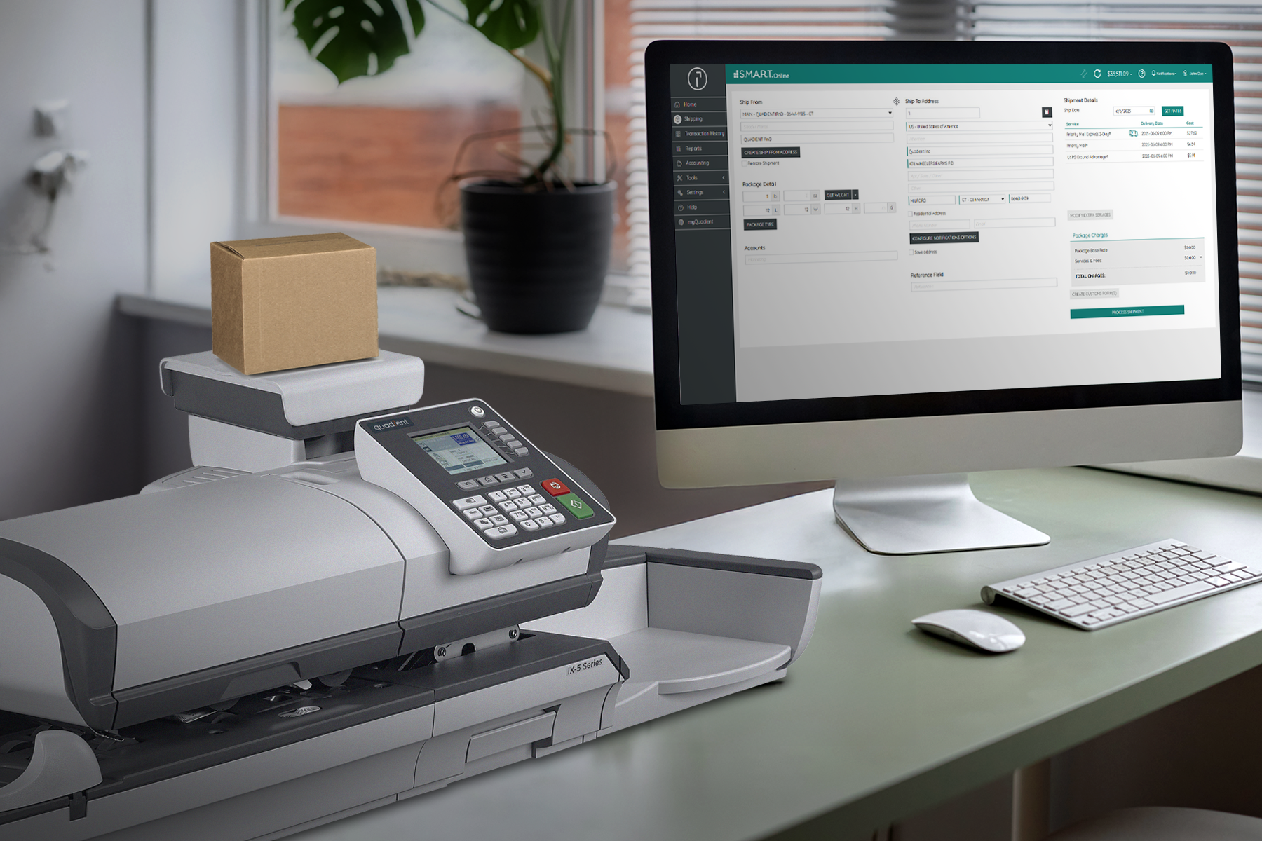 office set up with iX-5 postage meter and S.M.A.R.T. mailing software UI screen on monitor