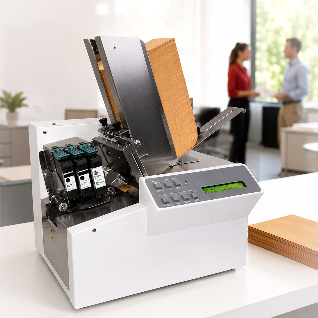 AS-150 envelope printer with ink cartridges and feeding tan envelopes in bright office.