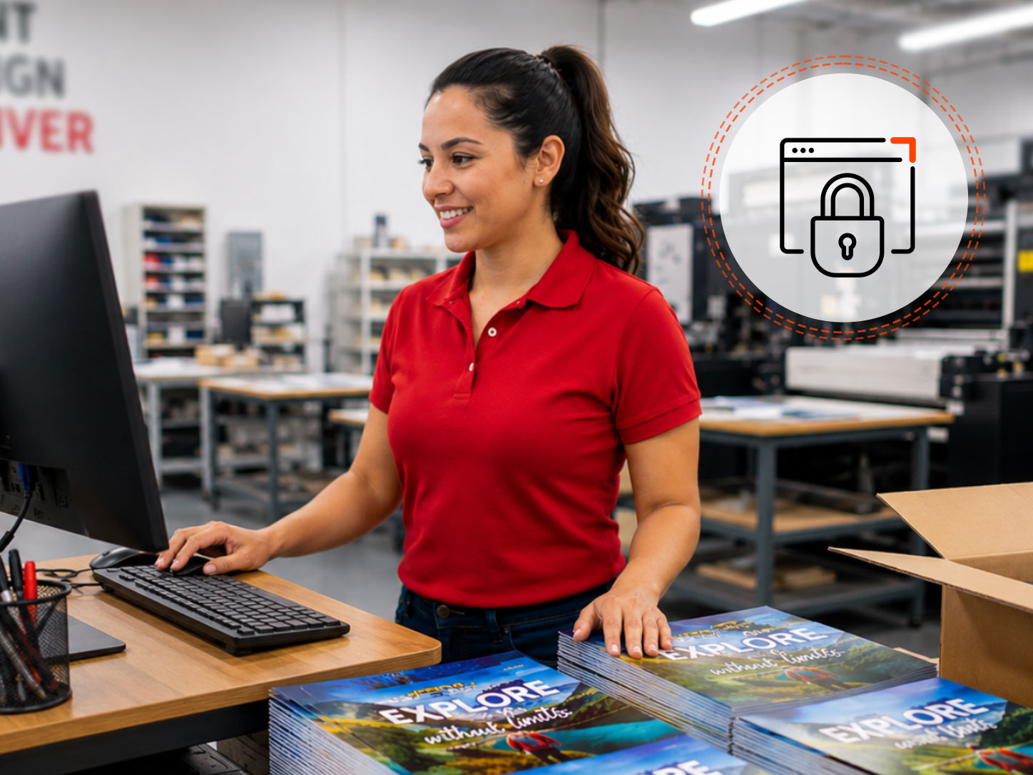 Woman in red polo shirt working at a computer in a print shop with security lock icon overlay, stacks of printed materials on desk.
