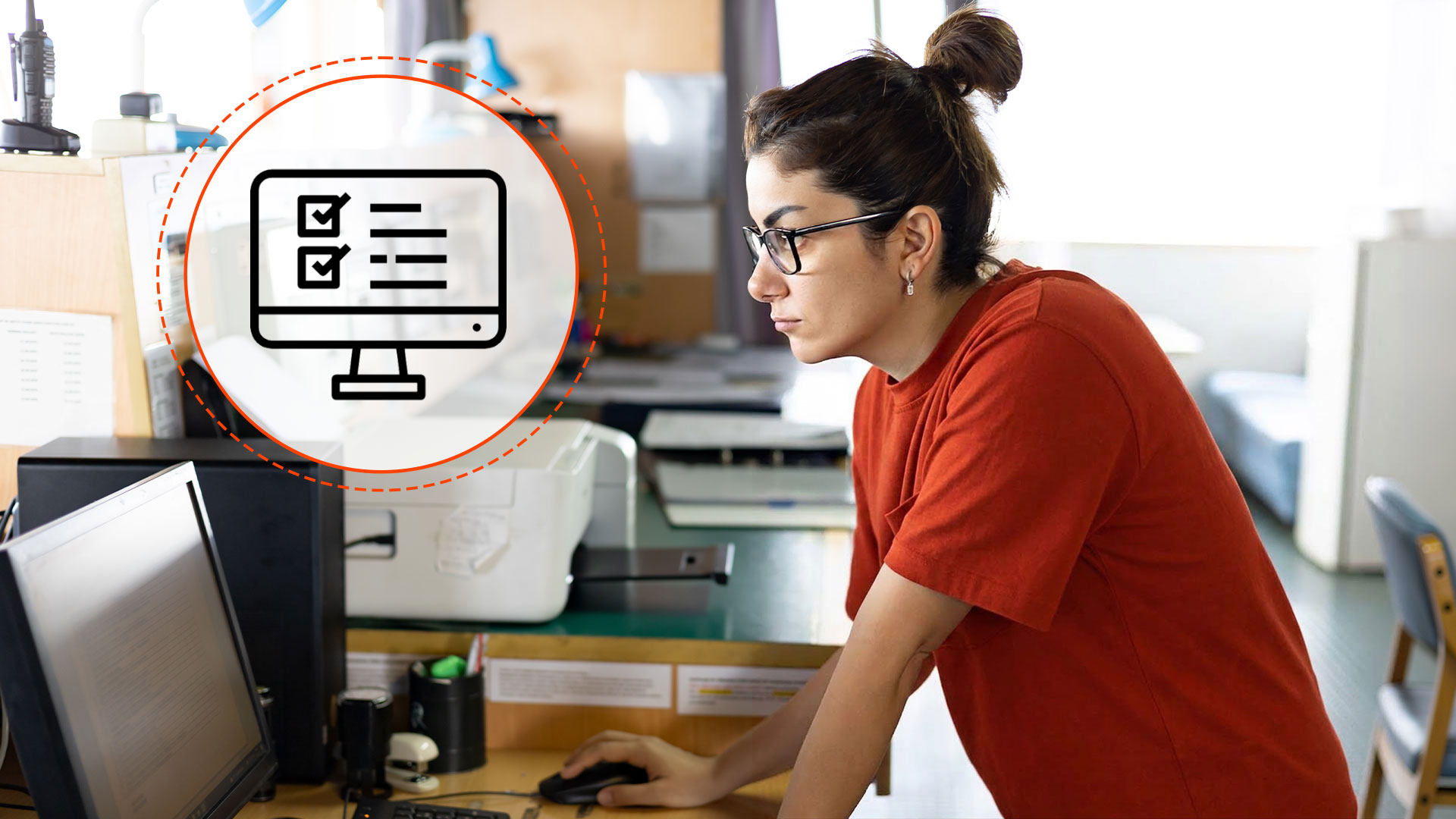 Woman in orange shirt and glasses working at computer with checklist icon overlay in office setting.