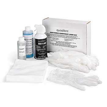 Image of maintenance and cleaning supplies for Quadient mail machines, gloves, can of air, cleaning cloths and solution.