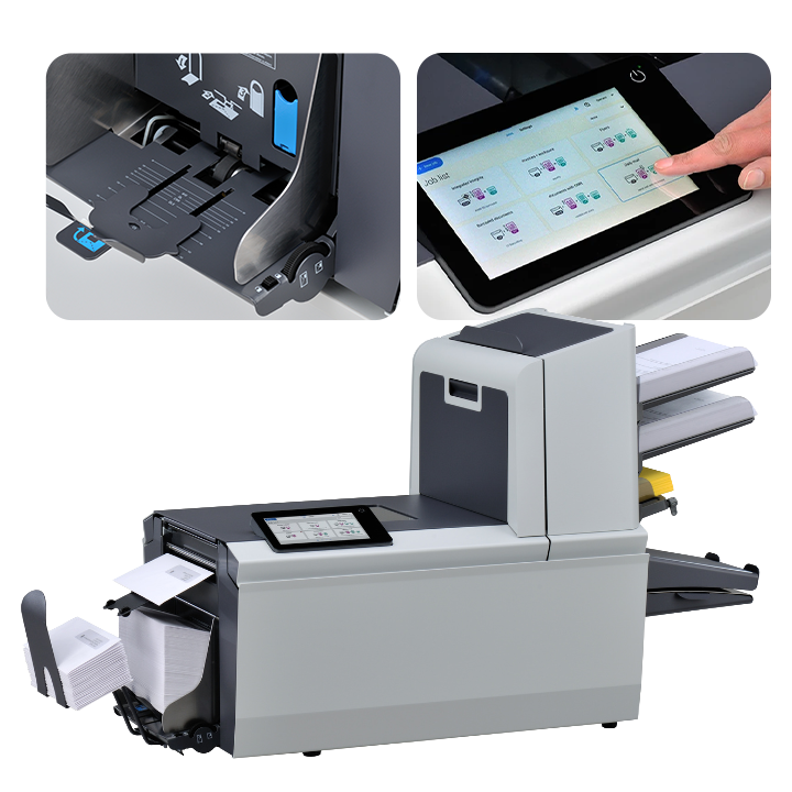 Image of DS 77iQ mid-sized folder inserter showing loading trays, touch screen and envelope feeder.