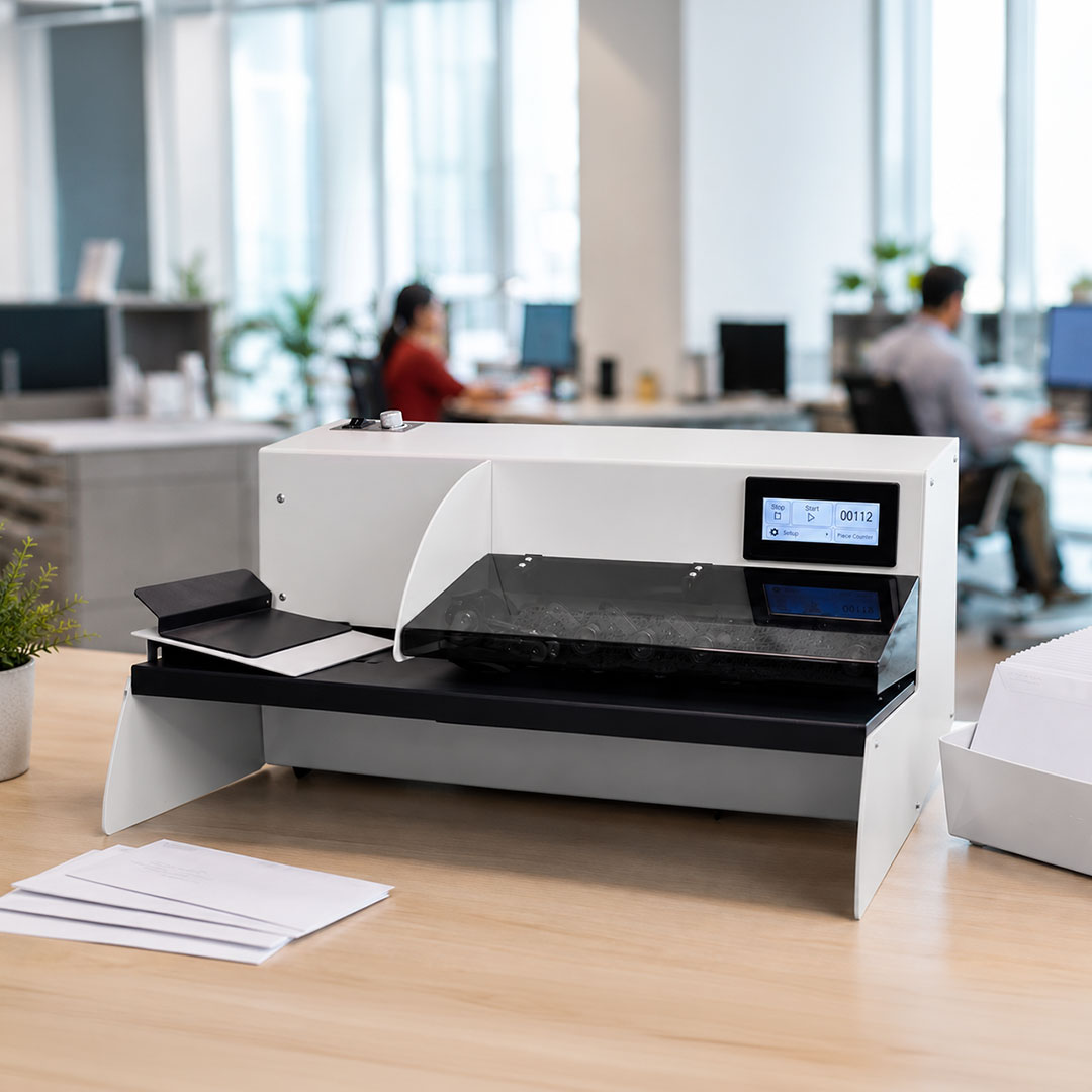 Quadient envelope opener machine with digital display on wooden desk in modern office with blurred workers.