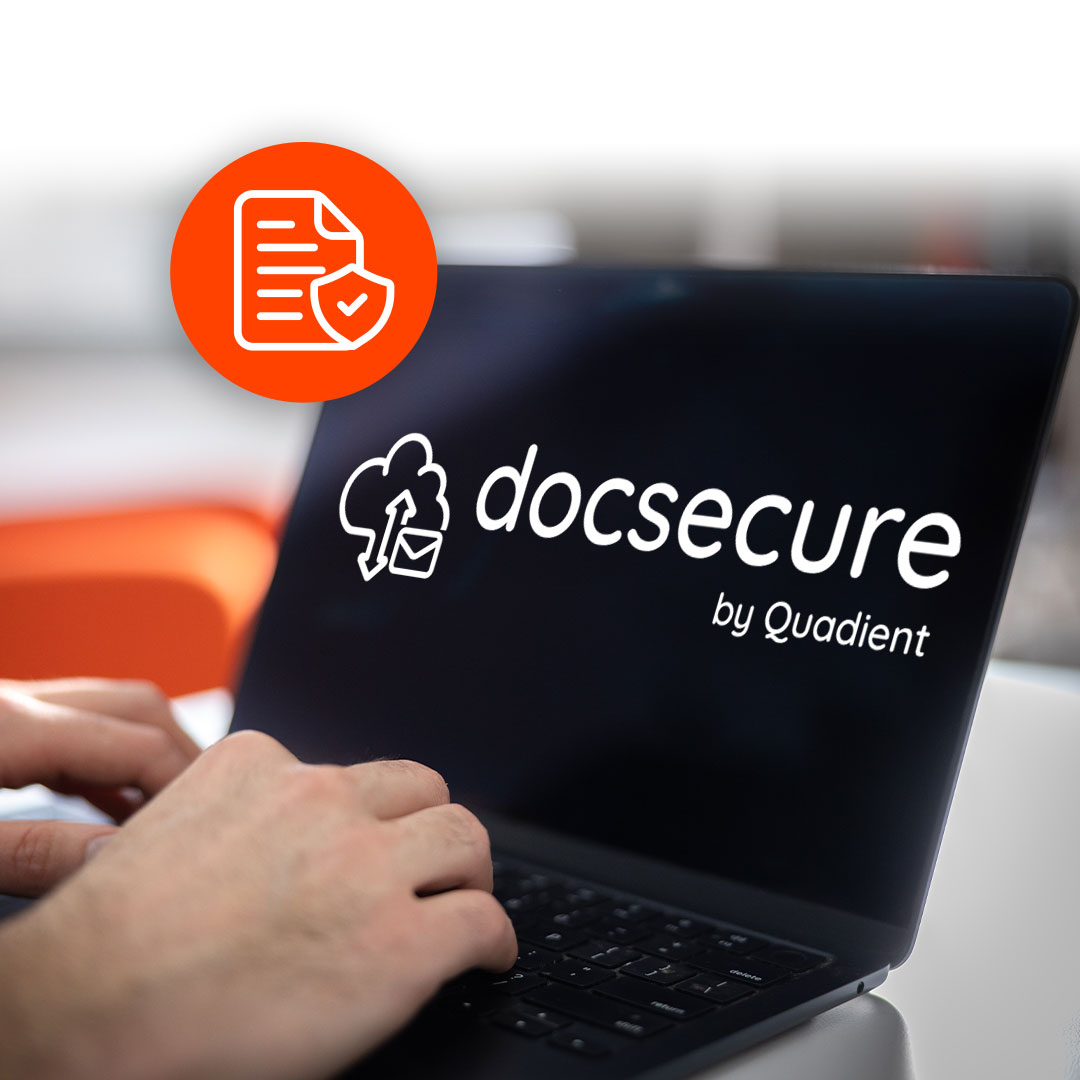 Laptop computer with docsecure by quadient logo on a blank screen. Document security icon.
