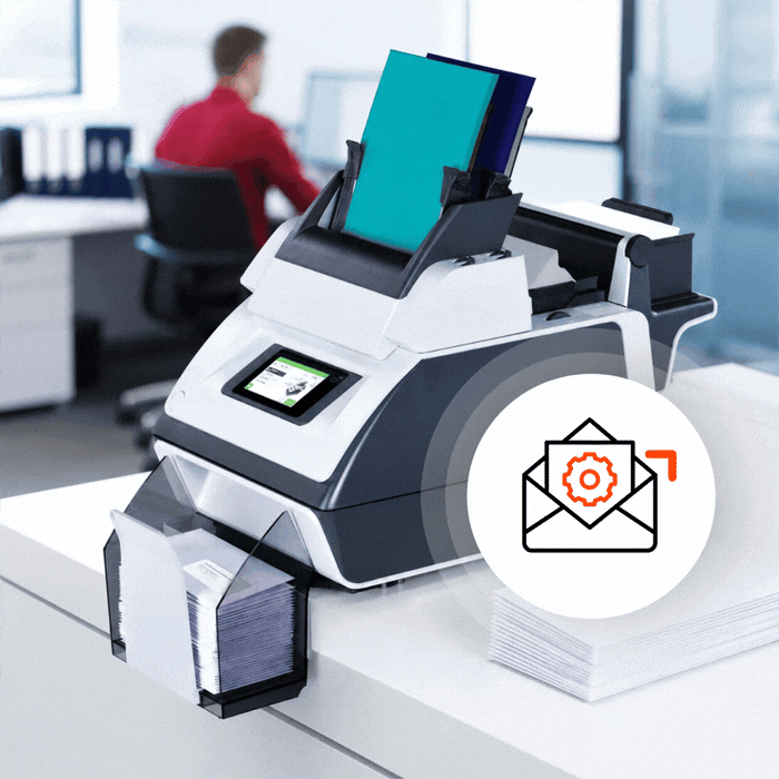 DS-40i Folder Inserter small office with animated icon showing letter going into the envelope and then the envelope closes