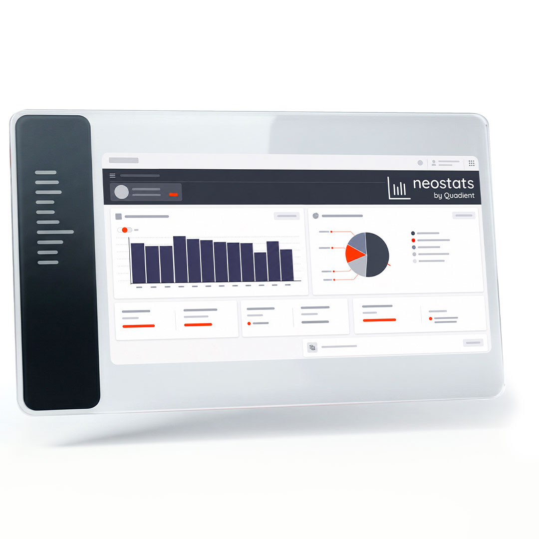 Neostats by Quadient dashboard displaying bar charts, pie chart and data visualisations on a computer screen for monitoring postage expenses.
