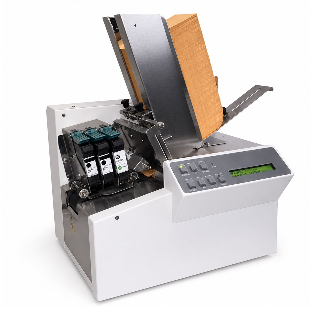 White envelope addressing machine with ink cartridges, gray control panel with green display, and envelope feed.