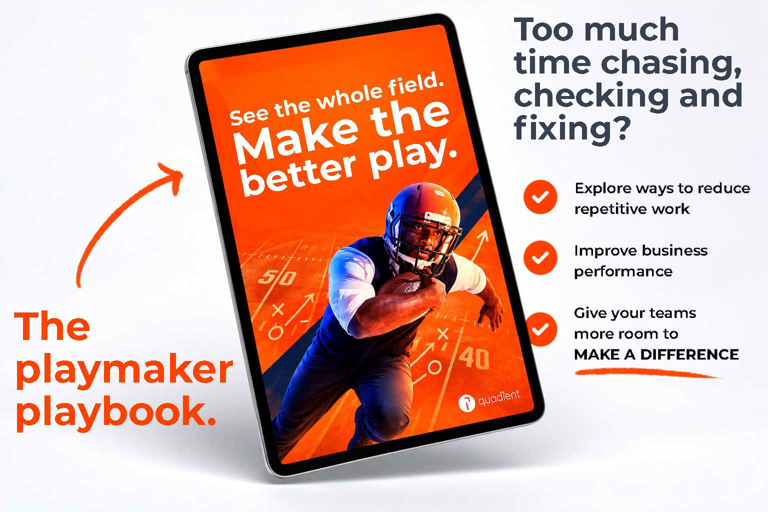 Tablet displaying football player on orange screen with text promoting business playbook and three checkmarked benefits.Tablet displaying football player on orange screen with text promoting business playbook and three checkmarked benefits.