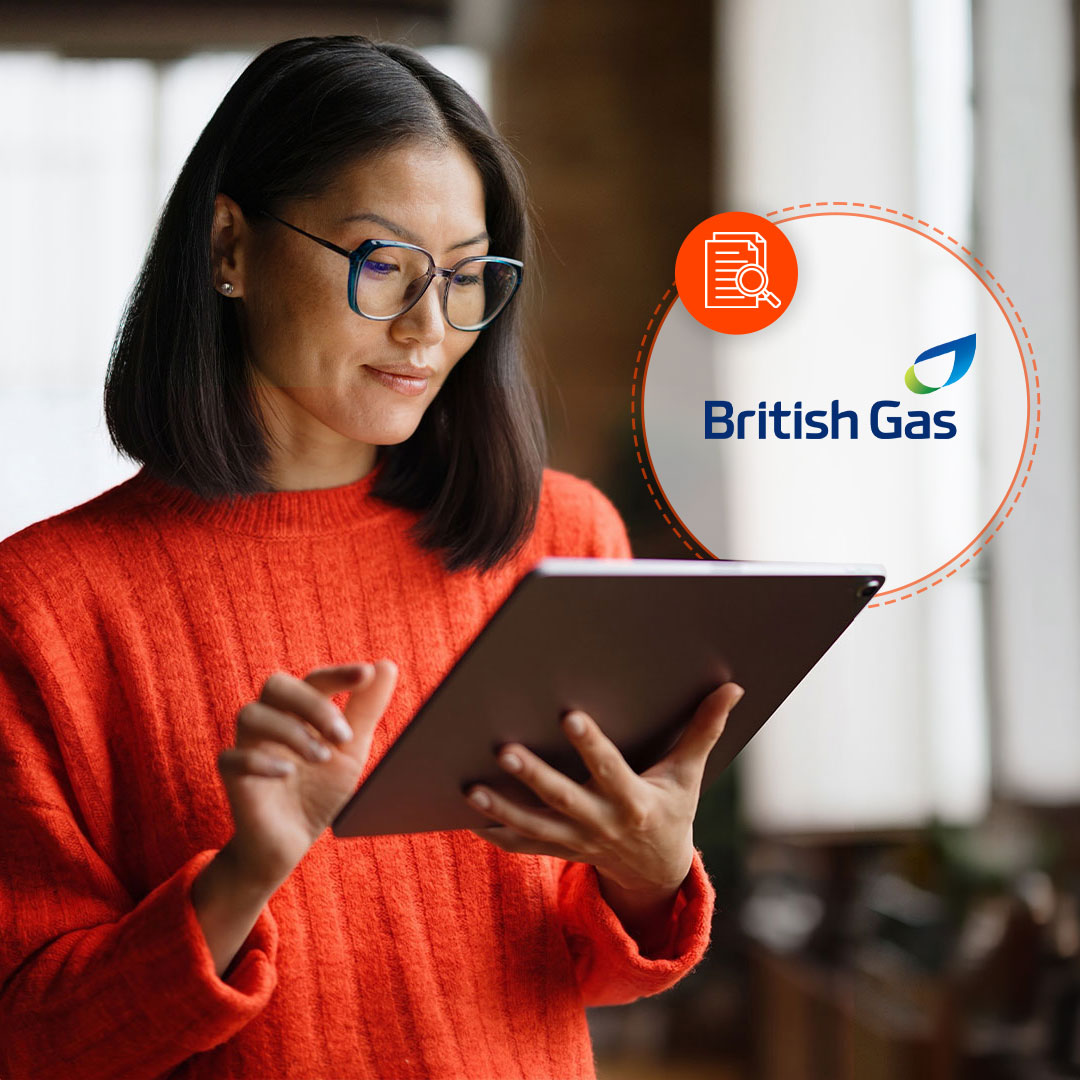 Woman in orange sweater and glasses looking at tablet with British Gas logo and document case study icon displayed nearby