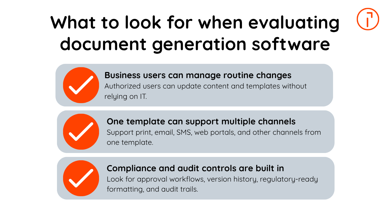 Infographic with three orange checkmark icons listing key features for evaluating document generation software.