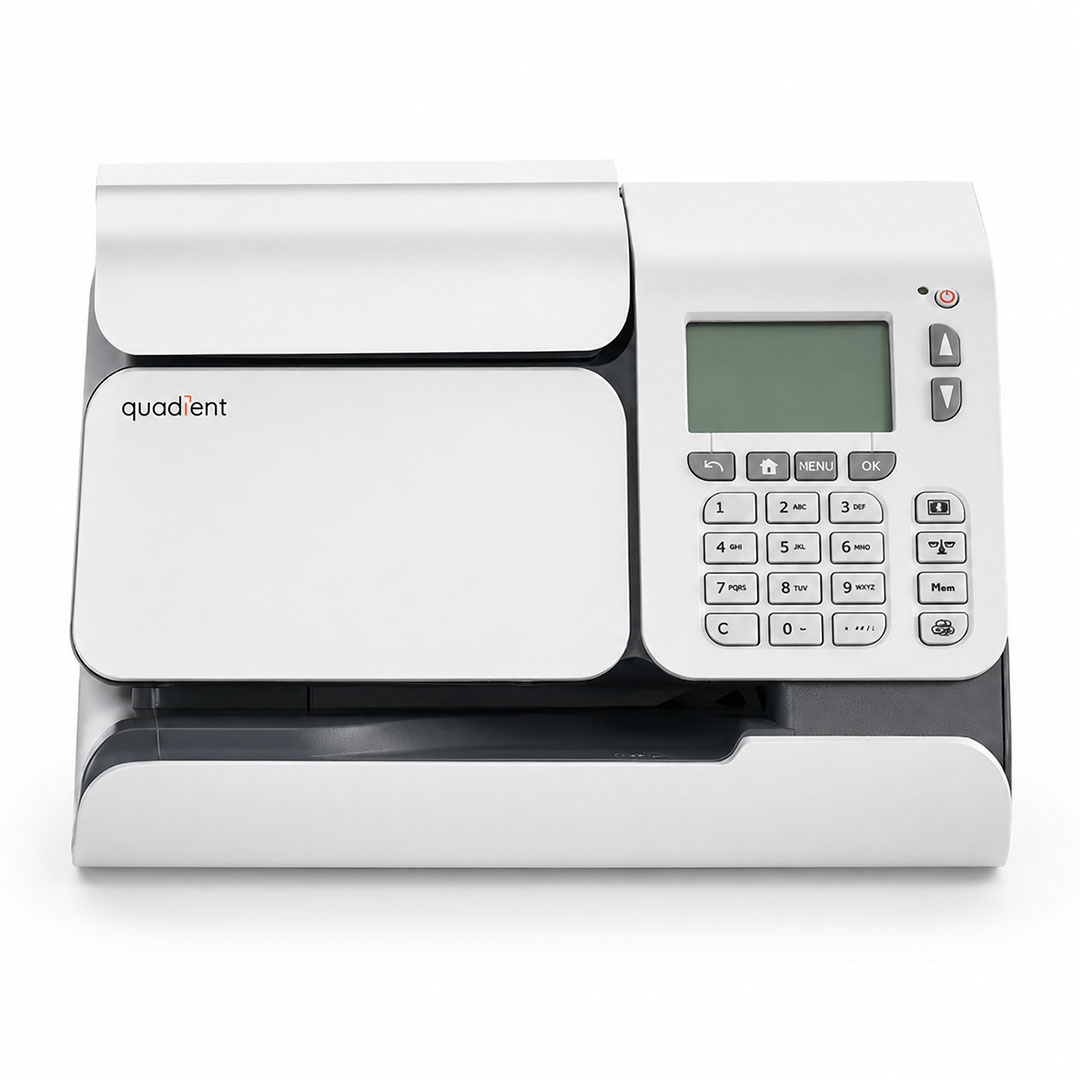 Quadient iS-280c franking machine with digital display and numeric keypad on white background.