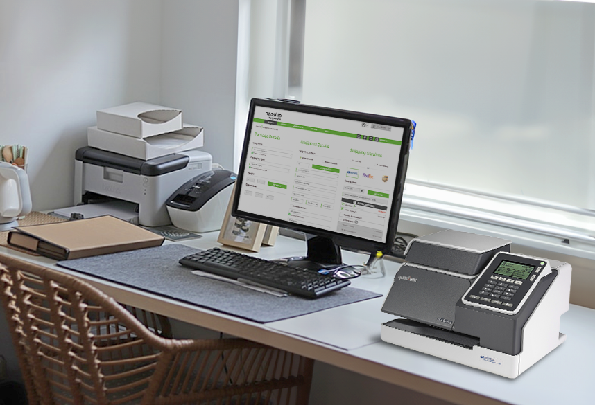 image of iX-1 sitting on desk of small office with mailing software on the screen