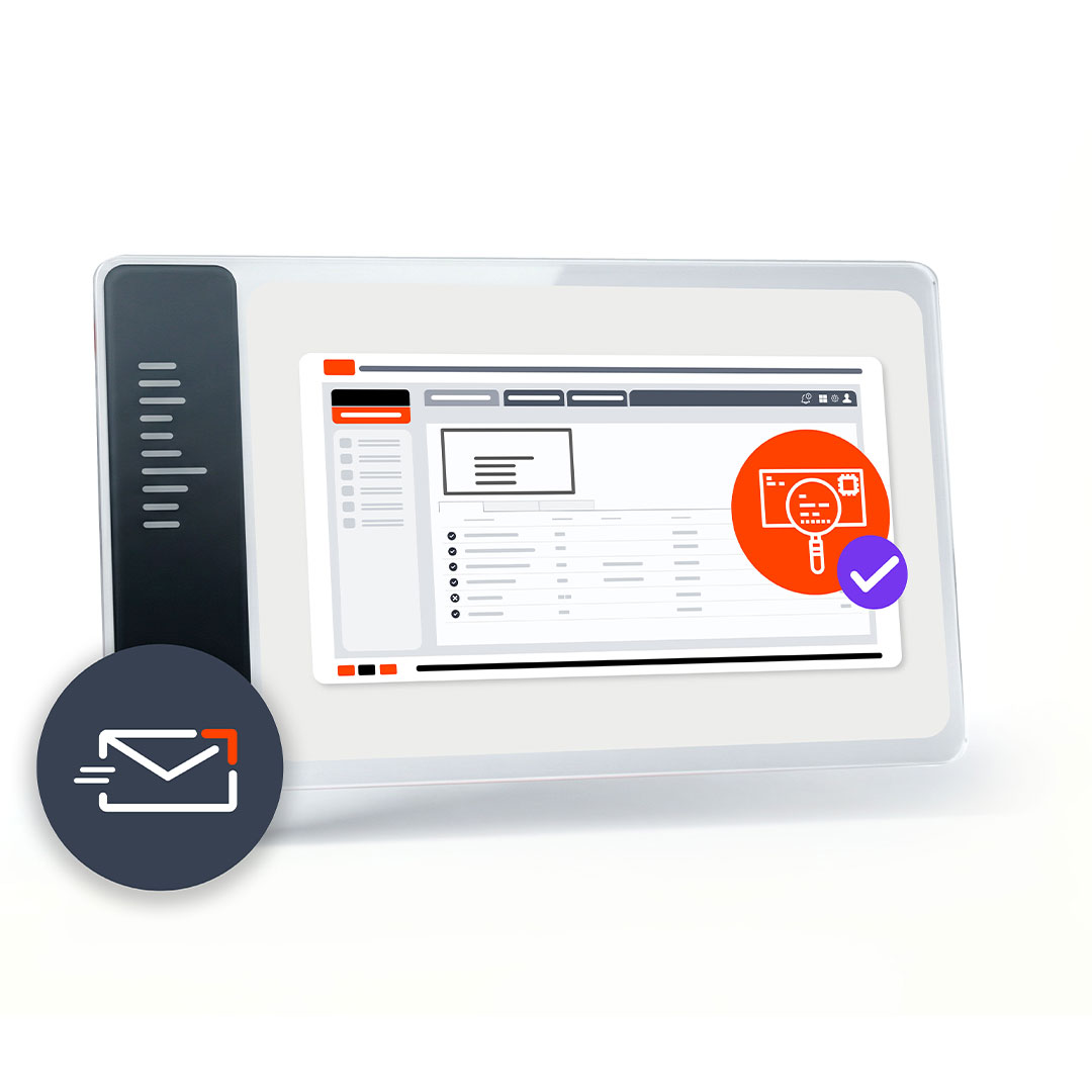 Illustration of a tablet displaying a web browser with a search icon and checkmark, alongside an address verification icon.