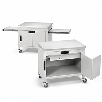 Two white mobile mail carts with wheels, cabinet doors, and pull-out work surfaces shown from different angles.