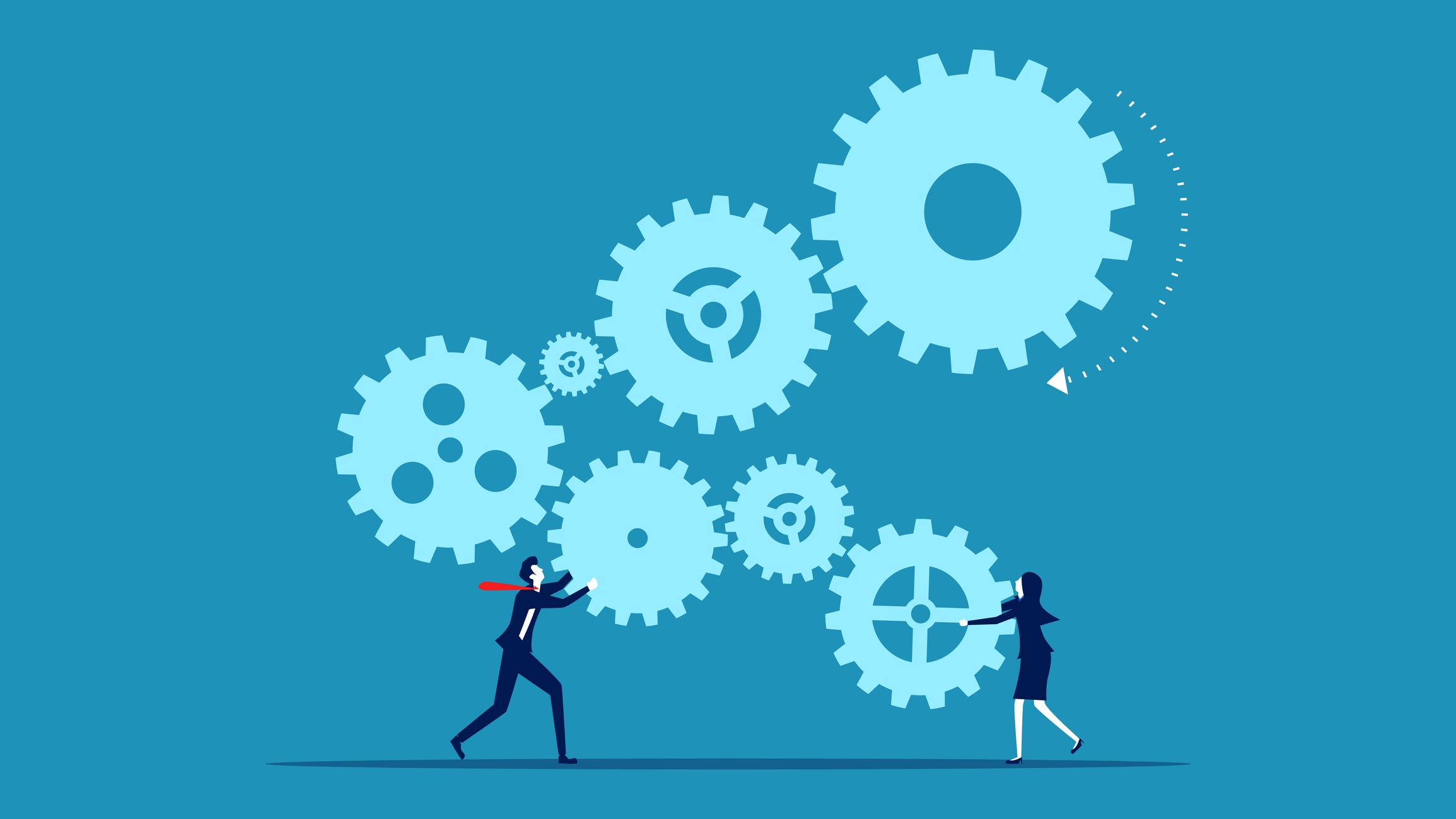Business woman and man connecting gears.