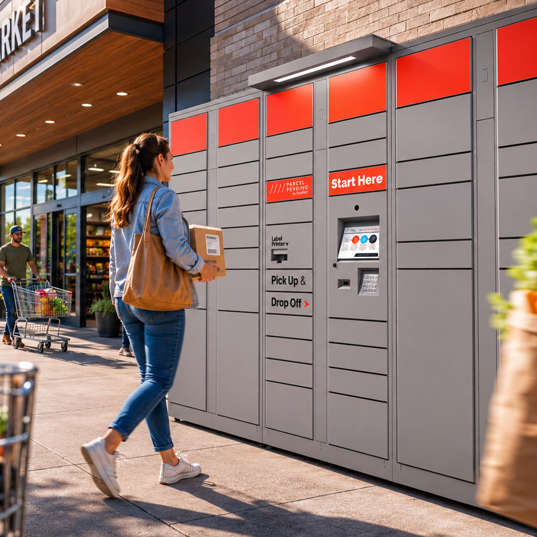 Woman carrying package approaches Parcel Pending by Quadient locker with outside a retail store for pickup and drop-off service.