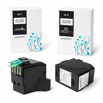 Ink Cartridge image for iX-3, iX-5, and iX-7 postage meter mailing machines. Image shows two views of the cartridge and two boxes.