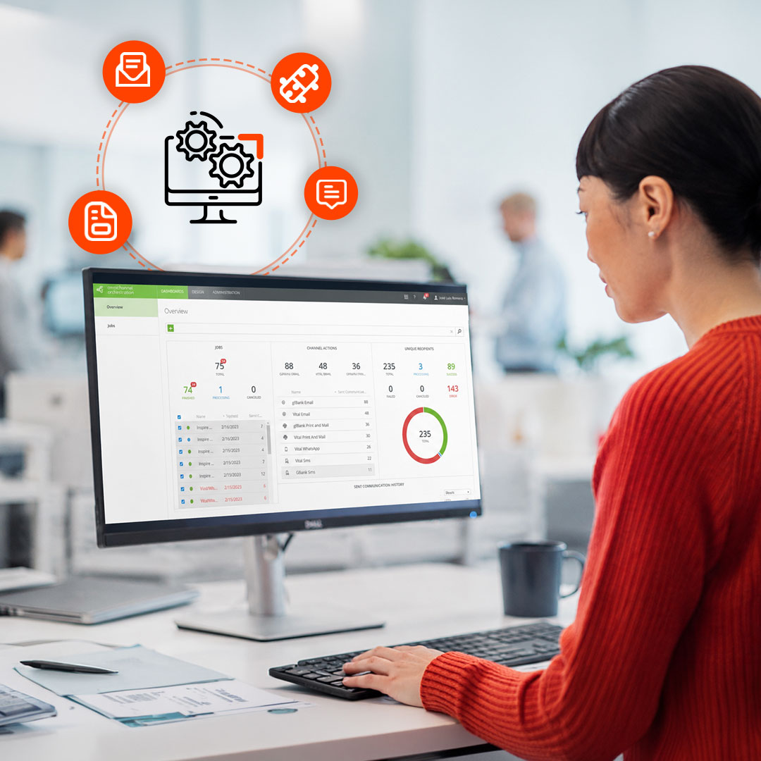 Woman in red sweater viewing analytics dashboard on computer with orange workflow icons showing automation processes.