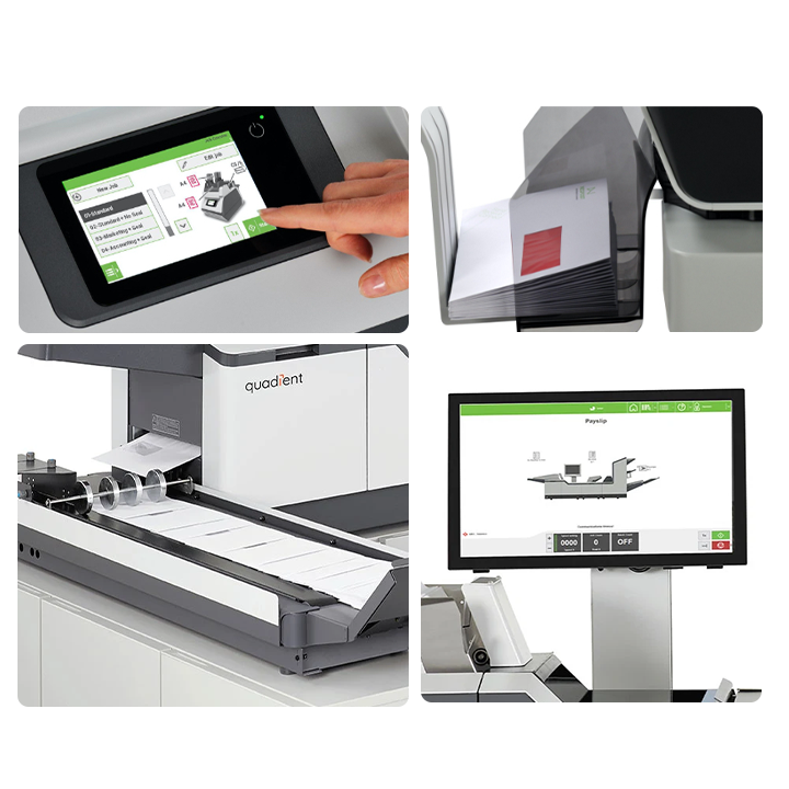 Image showing features of the DS-180i folder inserter. Touchscreen controls, catch trays, conveyor belt, sorting, and large monitor