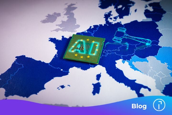 'AI' alongside a CPU and a gavel on top of map of EU