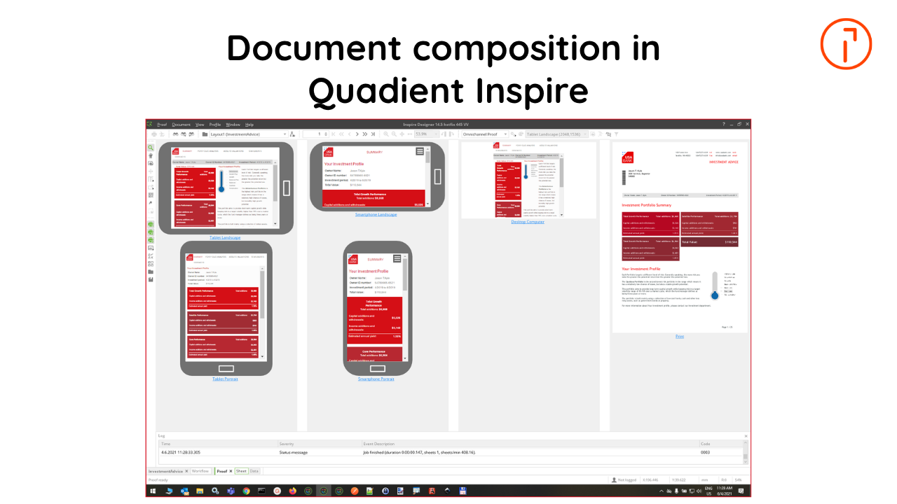 Screenshot of Quadient Inspire software showing document composition interface with multiple page layouts and red design elements.