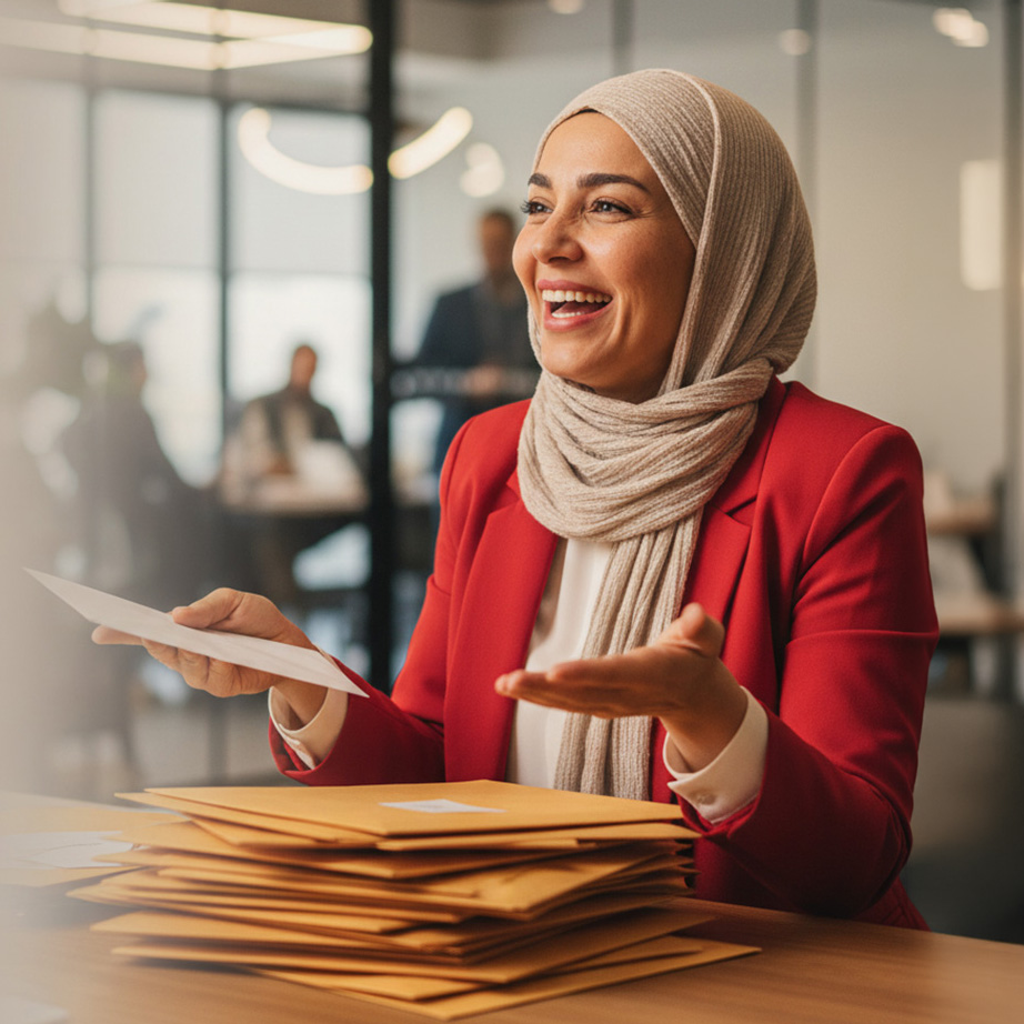 Woman in office with mail