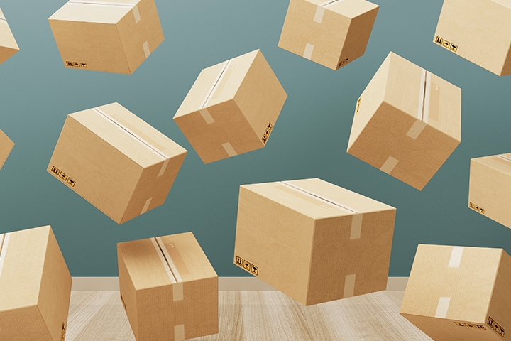 3D rendering of parcel boxes falling from the sky in a room