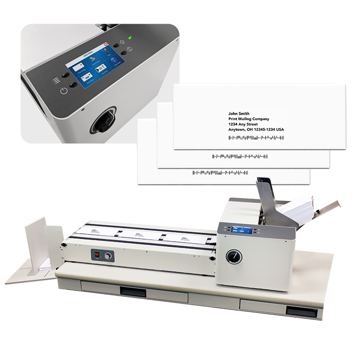 AS 450 Monochrome Envelope Printer with conveyor belt, detailed image of the control panel and envelope print sample
