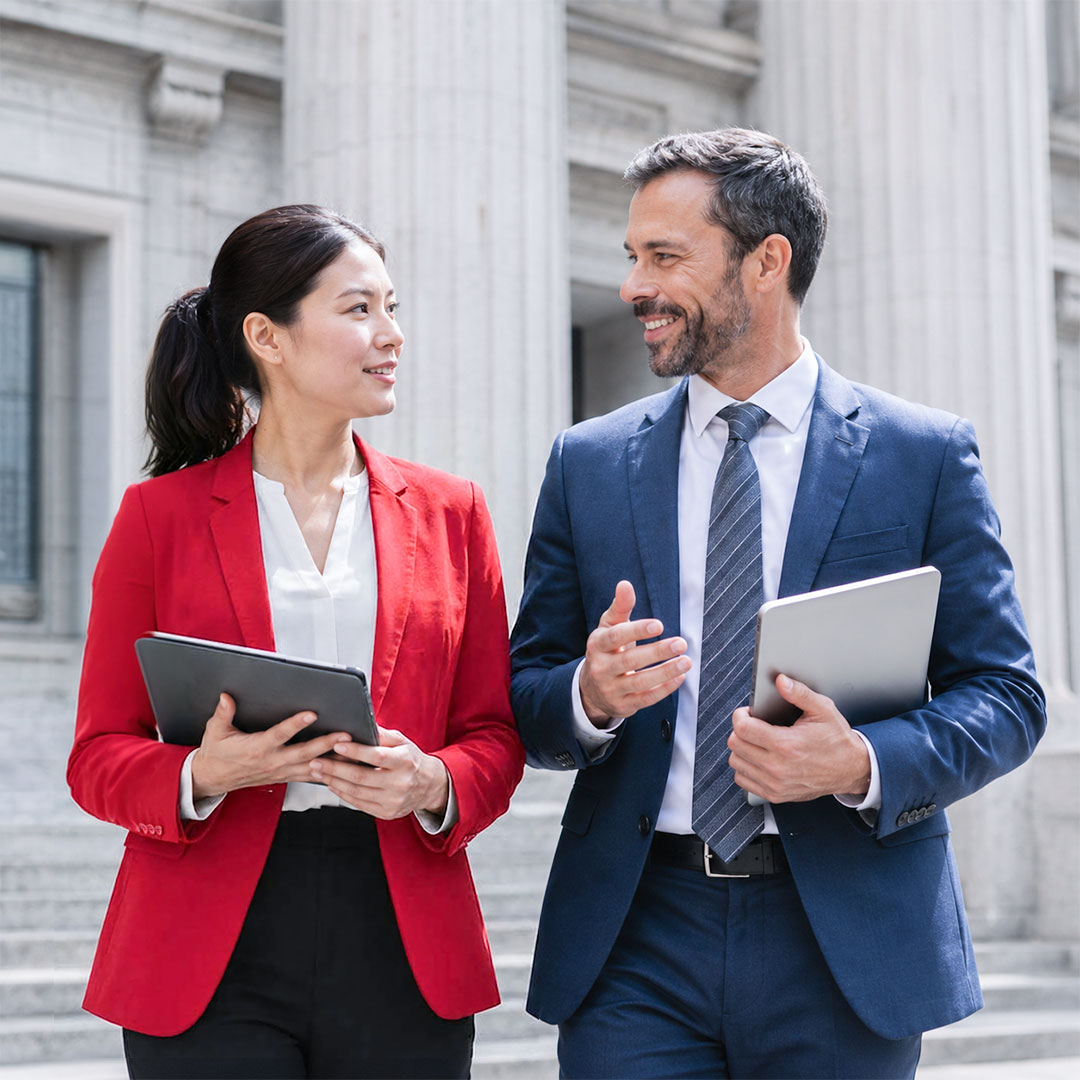 Two business professionals in suits walking and talking outside a columned building, holding tablets and smiling.