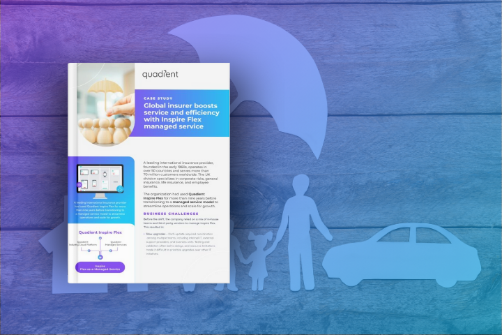 Mockup of a Quadient case study brochure titled "Global insurer boosts service and efficiency with Inspire Flex managed service," displayed on a blue-toned wooden background.