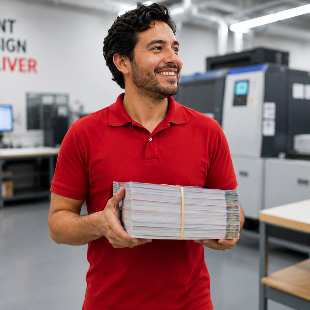 Smiling man in red polo shirt holding stack of printed materials in modern print shop with industrial printers.