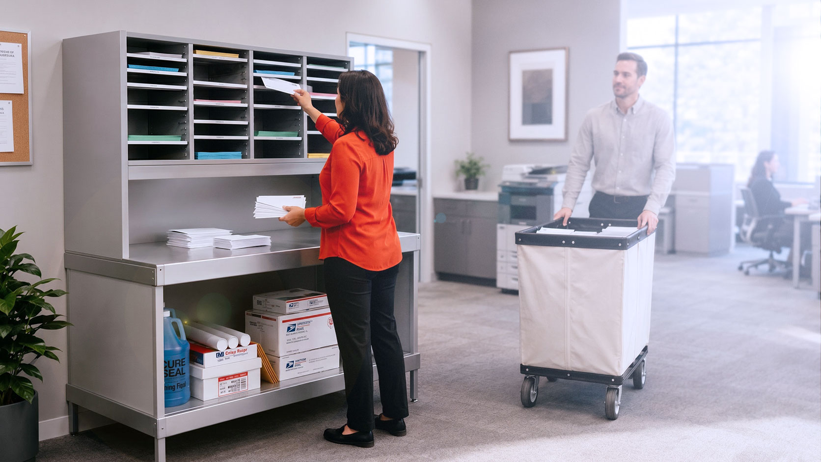 Woman in orange shirt sorting mail at office mailroom organizer while man pushes cart with bin in modern office space.