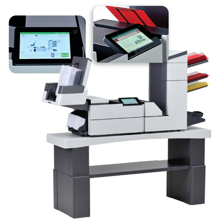 Image show DS 85i folder inserter on table with feeding trays, detailed close up of touch screen, and close up of touch screen warning showing a "document too thick" warning.