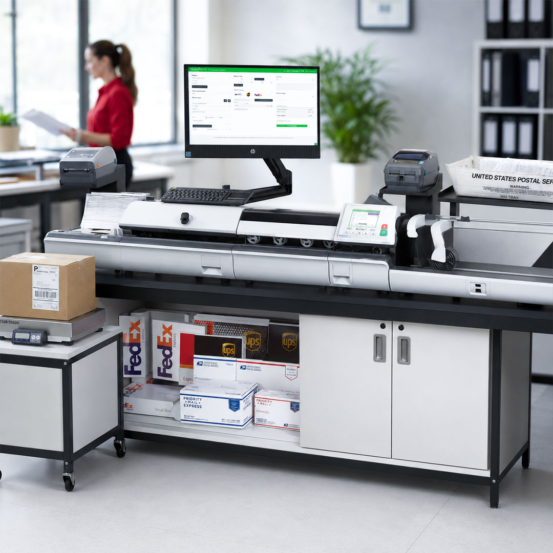 Office shipping station with computer, printers, scale, and shipping supplies including FedEx and UPS boxes on shelving.